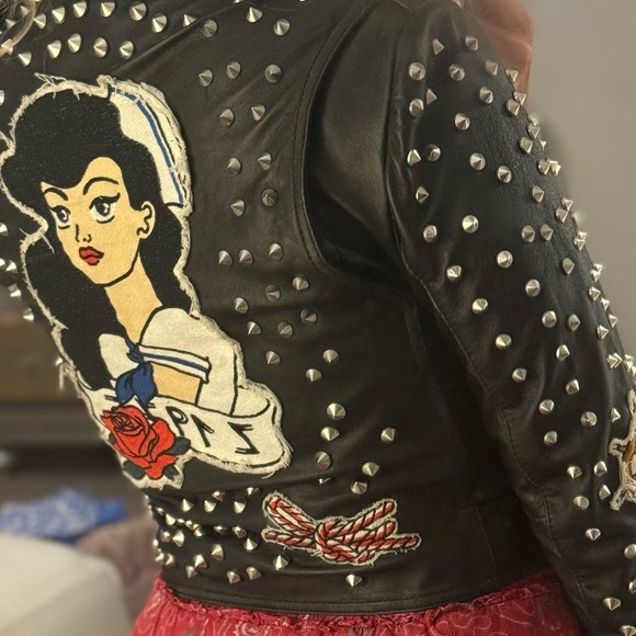 Zara Black and Red Leather Jacket with Studded Details - Picture 8 of 8